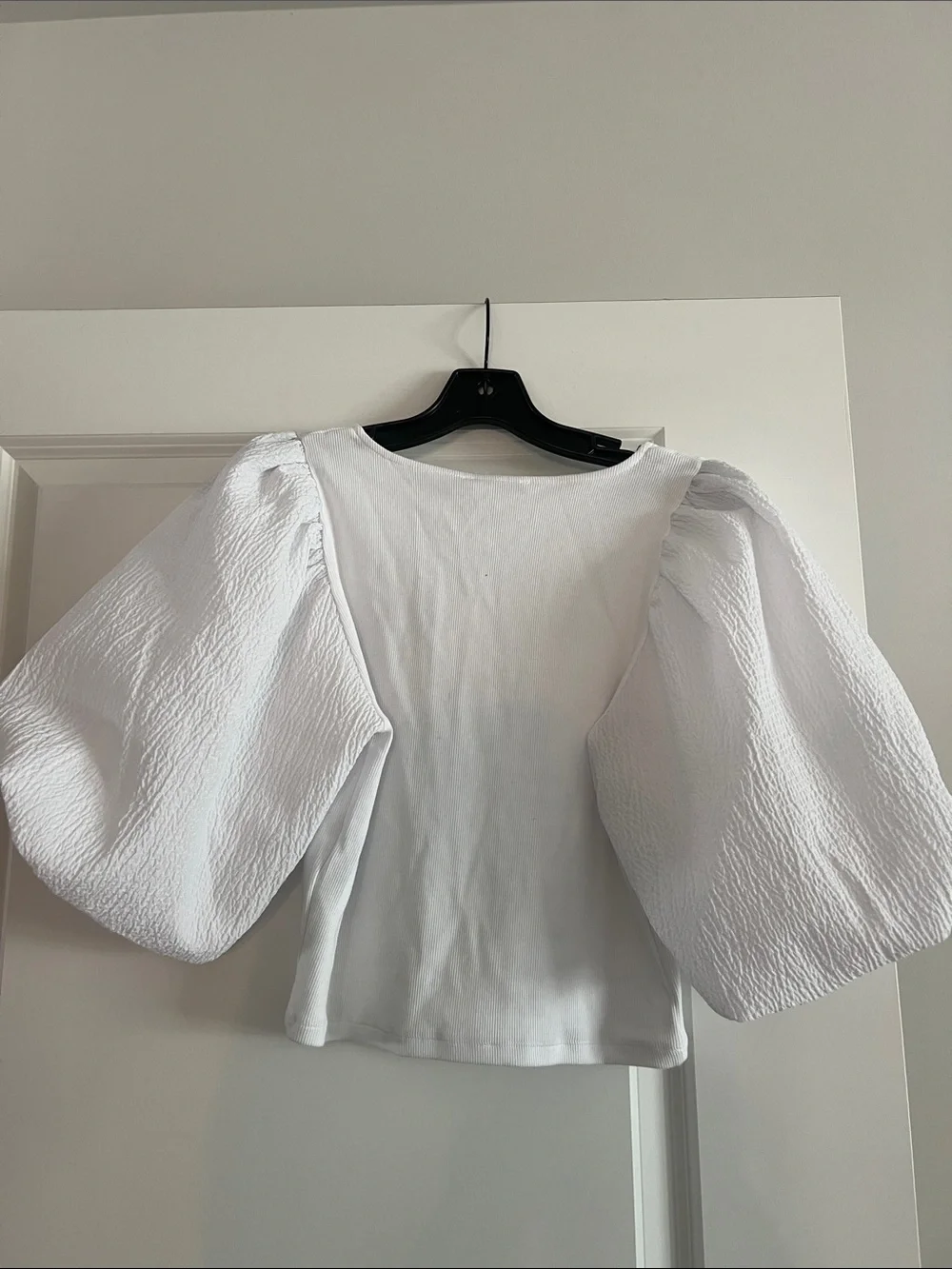 White V-Neck Puff Sleeve Women's Top